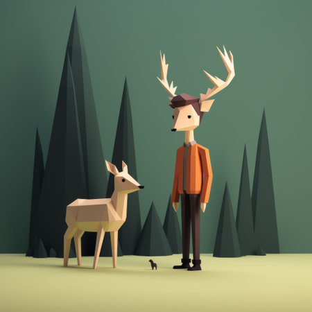 a low poly illustration in a comic book style featuring a boy and a deer. created in the style of unreal engine 5, this artwork showcases stark minimalism and draws inspiration from forestpunk aesthetics. with influences from animated film pioneers, the illustration captures the charm of taxidermy and portrays warm tonal ranges. ai generatedの素材