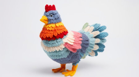 a crochet chicken stands proudly with its tail up, showcasing the contemporary use of textiles. this characterful animal portrait features chromatic saturation with a combination of light crimson and dark azure hues. the fine feather details and multilayered design add depth to this repetitive and visually captivating artwork. ai generatedの素材