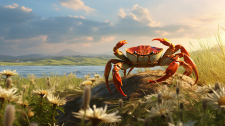 a crab is seen gracefully walking on the vibrant grass in a stunning screenshot captured near a serene lake. rendered in cinema4d, this hyper-realistic animal illustration showcases the beauty of nature in a fantasy landscape. the light orange and red hues add a touch of warmth to this captivating national geographic photo, reminiscent of lively coastal landscapes found in rural china. ai generatedの素材