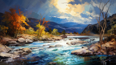 an artistic representation of nuclear physics in a vibrant river scene. the complex palette knife motions create a riot of colors, blending metallic and earthy tones with blue sky highlights. the fluid style captures the motion and emotions of the river, translating complex augmented reality into organic pigment form. ai generatedの素材
