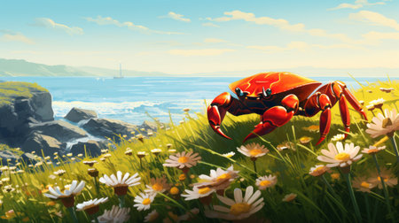 a crab sits on a grassy field adorned with daisies, creating a picturesque scene reminiscent of spatial concept art. the coastal and harbor views add to the charm, while the vibrant colors in nature, inspired by artists like loish, kieran yanner, and magali villeneuve, bring the image to life. this 2d game art captures the beauty of the natural world. ai generatedの素材