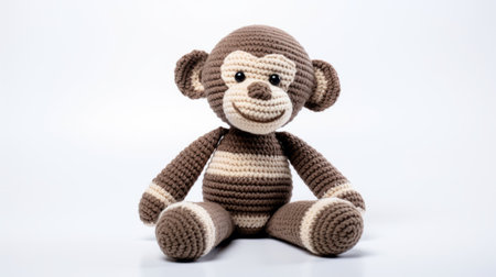 a brown and white stuffed monkey sits against a white background, showcasing its handcrafted design. the monkey's knitted and crocheted style features bold colors and patterns, with horizontal stripes in dark gray and light beige. this photo, taken with a nikon d750, emphasizes the character design and attention to detail in the handcrafted designs. ai generatedの素材