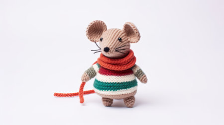 a knitted snouty sweater mouse, in the style of light orange and green, is captured in this photo. the mouse is adorned with a striped pattern and is wrapped in a cozy knitted garment. the oxblood red color adds a touch of warmth to the image. ai generatedの素材