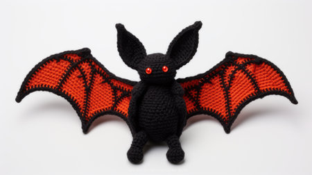 a crocheted black bat with black and orange wings, inspired by the style of kerem beyit. the bat features a monochromatic color scheme with light red and dark black hues, reminiscent of heinrich lefler's dark paradise. the vibrant and neon colors add an intriguingly taboo element to this unique creation. ai generatedの素材