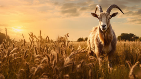 a ram, representing jewish culture themes, stands in a sunlit field. this captivating image by joel robison showcases the warm hues of beige and amber. with its villagecore aesthetic, the uhd image beautifully captures the essence of animals in a visually explosive and vibrant manner. ai generatedの素材