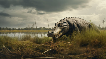 an alligator lurking in the grass and water, captured from the bank, in a cinematic style rendered in cinema4d. this national geographic photo showcases a romantic depiction of a historical event. the image is digitally enhanced in 3d, highlighting the alligator's strong facial expression. creative commons attribution applies. ai generatedの素材