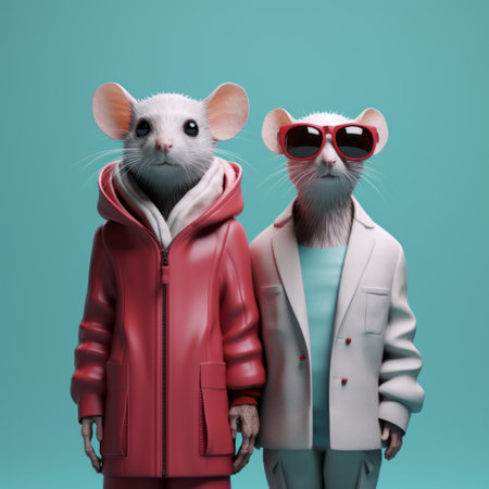 two white mice, small in size, are seen standing against a vibrant blue background. the composition of the photo is reminiscent of cyberpunk realism, with influences from daz3d, wes anderson's style, and street scenes. the colors are vibrant, similar to the works of oliver wetter. the mice exhibit inventive character designs, adding a touch of normcore to the overall aesthetic. ai generatedの素材