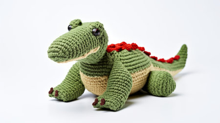 a crocheted crocodile, with repetitive toy-like proportions and realistic hyper-detail, is showcasing a leaf adorned with a vibrant red ribbon. the crocodile is crafted in a baroque animal style, with a touch of rtx on and synthetism-inspired elements. its color palette consists of light green and dark beige hues. ai generatedの素材