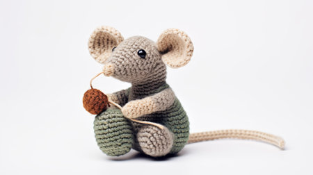 crocheted mouse wearing a green sweater and brown leather pants, captured in a close-up shot. the photo showcases the play of light and shadow, with a white background and muted tonality in light beige and gray. this handmade creation resembles animals from the 500-1000 ce era, adding a touch of character to any space. ai generatedの素材
