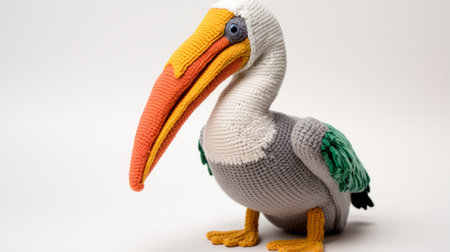 a realistic and eye-catching pelican sculpture, created by talented lego artists, showcases intricate details in a style reminiscent of knitted and crocheted designs. the sculpture features a vibrant color palette of silver and orange, complemented by light green and dark beige accents. this dolly kei-inspired artwork is a visually stunning composition that captivates with its colorful and intricate design. enjoy this high-definition image capturing theの素材