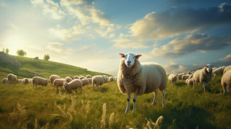 sheeps walking on a flat grass hill, depicted realistically with vibrant colors and enhanced through post-processing techniques such as vray tracing. the photo showcases the beauty of the environment and captures a sense of tranquility. the biblical motifs add a touch of symbolism to the scene. ai generatedの素材