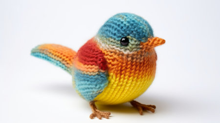 a knitted bird, with toy-like proportions, gazes up at the viewer against a clean white background. the vibrant and lively hues of light azure and amber, along with bold chromaticity of light orange and pink, create a visually striking image. the soft-focus technique adds a touch of dreaminess to the overall composition, reminiscent of maori art. ai generatedの素材
