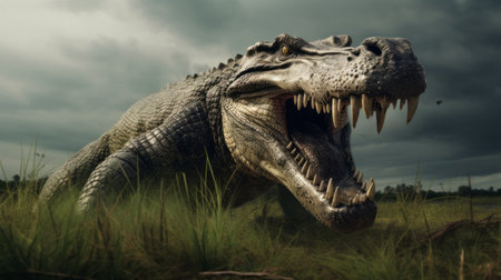 an alligator, captured in a stunning portrayal using cinema4d, is depicted walking with its jaws wide open. this epic portraiture showcases mythic storytelling through a creative commons attribution. the realistic landscapes, texture-rich canvases, and dramatic lighting add depth and intensity to the image. ai generatedの素材