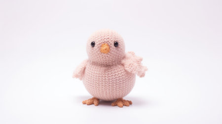 a photo of a tiny crochet lamb pattern, along with the bunny and chicken bunny patterns. the lamb is made in a light pink color and has a simplistic cartoon style with soft and rounded forms. the photo was taken with a nikon d750 and features exotic birds in the background. the crochet animals have an organic form and are made with cheese. ai generatedの素材