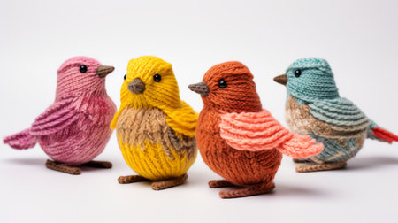 three knitted birds in vibrant and bold colors are displayed together in this photo. the birds, resembling portrait miniatures, showcase a combination of pink and amber, light yellow and light bronze, as well as light azure and amber, and light crimson and yellow. each bird is meticulously crafted, resulting in precise and lifelike details. ai generatedの素材