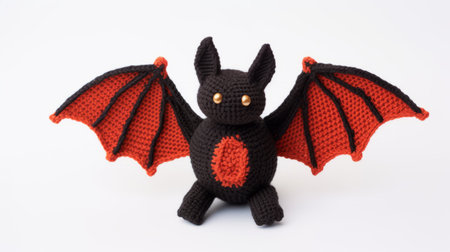 a small crochet bat, designed by the dark and brooding designer manticore, is showcased on a white background. this unique creation features vibrant red and orange colors, and is inspired by gigantic scale anthropomorphic animals. the intricate crochet work brings out the essence of the dark and black neo-geo style. ai generatedの素材