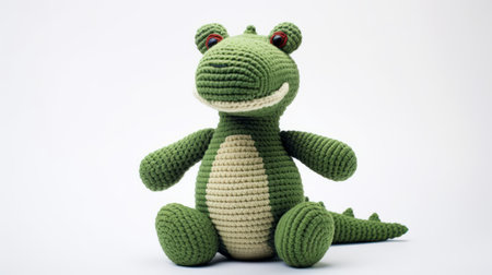 this crocodile knitted amigurumi zoo toy by ajk showcases a unique emphasis on character design. created with ilford pan f film, the photograph captures the unpolished authenticity of the toy. commissioned in a vibrant green color, the intricate embroidery adds an extra touch of charm. ai generatedの素材