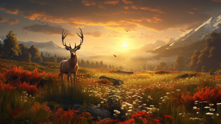 a group of deer gracefully stand in a mountain field at sunset, creating a captivating scene reminiscent of concept art. the vibrant colors of crimson and amber enhance the xbox 360 graphics, while the detailed flora and fauna add depth to the realistic landscape paintings. the overall composition exudes serenity, harmony, and eye-catching beauty. ai generatedの素材
