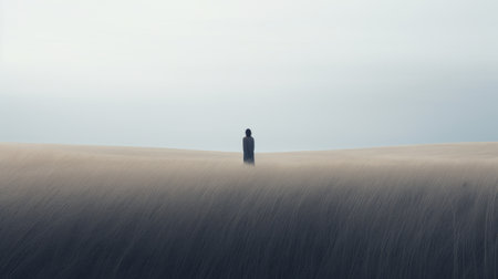 a man stands in a field, surrounded by ethereal seascapes and layered landscapes. in the style of mikko lagerstedt and richard serra, this uhd image captures a minimalist figuration with a small red arrow on top. the dark, muted colors add to the atmospheric ambiance of the scene. ai generatedの素材