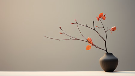 a minimalist-style photograph showcasing a vase filled with various plants. the background features a combination of dark orange and light gray hues, creating a visually striking contrast. the twisted branches add an intriguing element to the composition, reminiscent of japanese photography. with its 8k resolution, this image captures the essence of classic japanese simplicity, highlighted by the subtle interplay of light gray and red tones.の素材