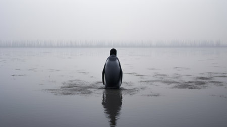 a penguin, in the style of conceptual installation art, walks through a foggy lake. the pensive poses of this rubber-made penguin create a captivating scene. captured using a mamiya 7 ii camera, the photograph showcases the textural landscapes and powerful, emotive portraiture reminiscent of dansaekhwa art. ai generatedの素材
