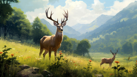 deer hunting in a grove is a hyper-realistic wallpaper in hd featuring a stunning mountainous vista. this uhd image captures the essence of nature with its minimalist nature studies and naturalistic depictions of flora and fauna. created by renowned artists steve henderson and patrick brown, this wallpaper is perfect for nature enthusiasts and wildlife lovers. ai generatedの素材