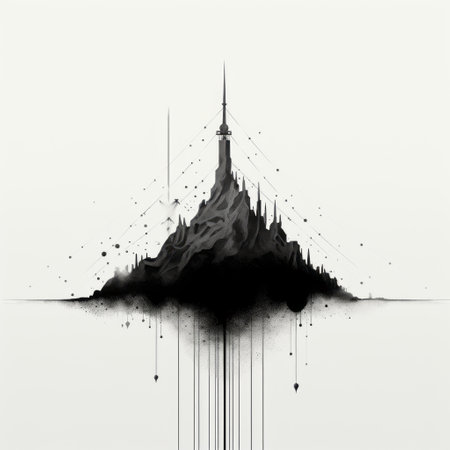 a cityscape artwork on a white paper, featuring drips of paint, inspired by sci-fi noir. the piece showcases a minimalistic and symmetrical design, creating delicate fantasy worlds. with elements of gothic darkness and ornate details, it exudes an imposing monumentality. the artwork also incorporates mountainous vistas, evoking a sense of grandeur. influenced by the mono-ha movement, it combines various artistic styles seamlessly. ai generatedの素材
