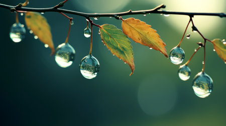raindrops glisten on branches, showcasing the captivating beauty of nature. the dark teal and light amber hues create a mesmerizing visual contrast. this photo captures the essence of alchemical symbolism and the poetic descriptions of reality. it reflects the serene norwegian nature and promotes environmentalism. the combination of light silver and light green adds a touch of ethereal charm to the scene. ai generatedの素材