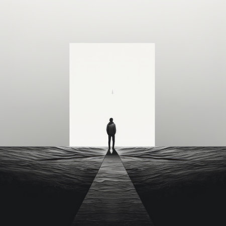 a black and white illustration captures the image of a man's feet in a moving door. the artwork showcases layered and atmospheric landscapes, with elements of color field minimalism and epic portraiture. this large-scale installation creates a uhd image, combining faith-inspired art with a cyclorama effect. ai generatedの素材
