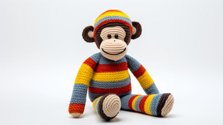 a multicolored striped stuffed animal monkey is captured in this high-quality photo. the monkey features a combination of dark red and dark azure, as well as light yellow and dark gray stripes. the bright colors and bold shapes of the monkey create a playful and ironic vibe. the coloristic intensity and woven-perforated details add to the overall visual appeal. ai generatedの素材