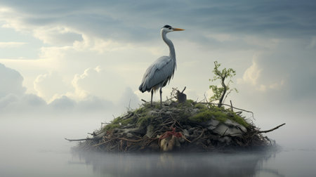 a bird perches on a mist-covered ledge, reminiscent of john wilhelm's style, showcasing intricate storytelling. the scene is enhanced with hyperrealistic marine life, reminiscent of gregory crewdson's work. the image captures the beauty of animals, as seen in the depictions by lisa parker, while also evoking a sense of mystery with tangled nests. ai generatedの素材