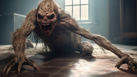 a scary monster, depicted in a realistic and hyper-detailed style, is captured running on the floor. the image showcases the use of the samyang af 14mm f2.8 rf lens, which enhances the lifelike renderings. the monster's dark beige color is complemented by the use of natural fibers and the voigtlander brilliant camera. ai generatedの素材