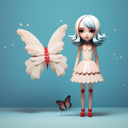 a girl holds a low poly butterfly next to a flower in this whimsical figurine-style photo. rendered in cinema4d, the bold and manga-inspired characters feature inventive designs, reminiscent of porcelain. the color palette includes light red and cyan, adding to the overall charm of the image. ai generatedの素材