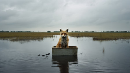 a red fox, captured in a narrative-driven visual storytelling style reminiscent of dutch landscapes, is seen inside an unclean container submerged in deep water. this snapshot evokes the iconic hollywood stars and celebrates rural life, while incorporating elements of duckcore and dramatic atmospheric perspective, paying homage to dutch tradition. ai generatedの素材