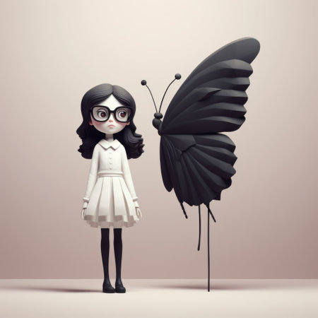 a black and white 3d artwork featuring a girl standing next to a butterfly. this piece, created by rafa juan santiago, showcases a cartoonish character design with elements of conceptual minimalism. inspired by the superflat style of goro fujita and the charming characters of sarah andersen, this artwork is infused with pop-culture references. ai generatedの素材