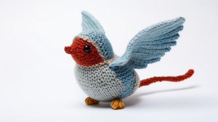 a little knitted bird toy, inspired by the artistic styles of kestutis kasparavicius, pontormo, and sophie anderson. this toy features life-like avian illustrations, with a color palette of light cyan and crimson. the subtle use of shading adds depth to the design, while the blink-and-you-miss-it details make it truly captivating. ai generatedの素材