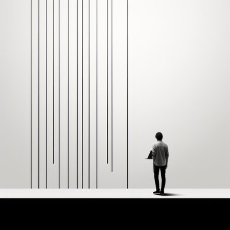 a person gazes at the mesmerizing lines of light-emitting diodes, embodying the essence of minimalism and contemporary minimalist art. this large-scale installation showcases a classical balance between white and black, with a realistic rendering that captures the minimalistic serenity. the subtle touch of dripping paint adds an intriguing element to the overall composition. ai generatedの素材