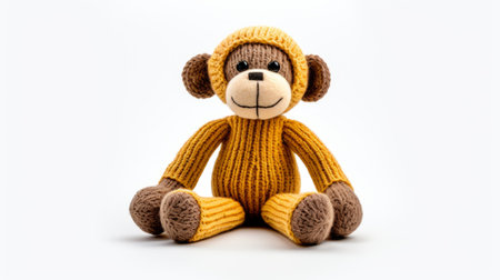 a knitted monkey made with red yarn is showcased in this photo. the monkey is designed in a style that combines dark yellow and light beige colors, creating a monochromatic depth. the softbox lighting highlights the polished craftsmanship of this eco-friendly creation, giving it a whistlerian touch. ai generatedの素材