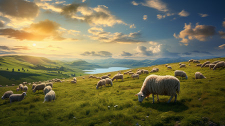 sheep grazing on vibrant green grass, reminiscent of max rive's style, capturing the essence of traditional british landscapes. the photo showcases colorful landscapes with an iso of 200, evoking the beauty of nature. the scene is reminiscent of terragen, edward poynter, and mandy disher's artistic influences. ai generatedの素材