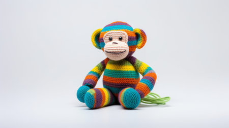 a colorful crocheted monkey, featuring bold and bright handcrafted designs, is captured in a vibrant photograph. the monkey is laid on a white background, showcasing its playful and eye-catching style. the use of horizontal stripes adds to the colorful minimalism of the image, while the large-scale composition highlights the intricate details of the crocheted creation. this photograph, taken with a rollei prego 90, beautifully capturesの素材