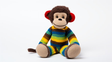 a stuffed monkey in rainbow colors, featuring a dark beige and dark azure style with saturated stripes. reminiscent of childhood arcadias, this monkey is made of natural fibers, showcasing unpolished authenticity. its bright primary colors include light yellow and dark brown, creating a vibrant and playful aesthetic. ai generatedの素材
