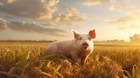 a pig standing in a field at sunset, rendered in cinema4d, showcasing photorealistic portraiture. this captivating national geographic photo captures the essence of the pig's presence in the serene landscape. the scene resembles a picturesque illustration from a storybook, evoking a sense of wonder and tranquility. ai generatedの素材