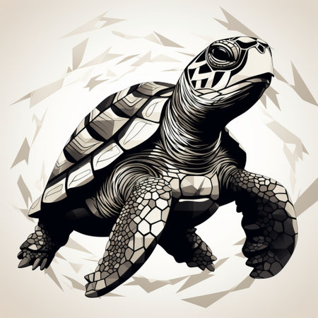 a giant turtle, depicted in black and white, showcases fluid dynamic brushwork and geometric animal figures. the sepia tone adds depth to the image, while the strong facial expression and energetic gestures capture the turtle's essence. this artwork, reminiscent of etam cru, skillfully employs light and shadow to create a visually striking composition. ai generatedの素材
