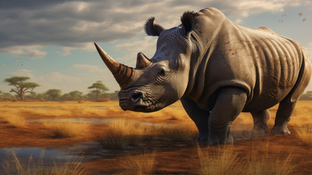 a rhino standing in a dry field with tall grasses, depicted in a realistic hyper-detailed rendering. the image showcases a dark white and light amber color palette, enhanced by ray tracing technology. the rhino's strong facial expression adds to the overall impact of the scene. this captivating artwork seamlessly combines the presence of animals and people, creating a visually stunning experience. the image demonstrates theの素材