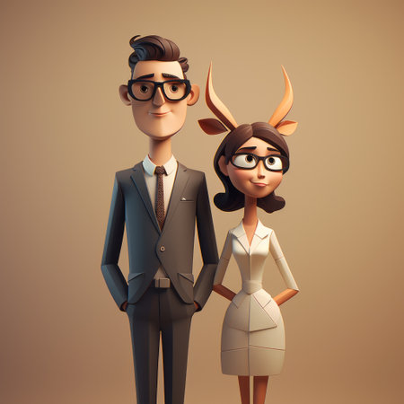 a quirky character design featuring a man and a woman standing together. this unique illustration, created in cinema4d, showcases rendered animals with a fawncore aesthetic. the artwork incorporates elements of mid-century modern style, texture exploration, and contrasting values. ai generatedの素材