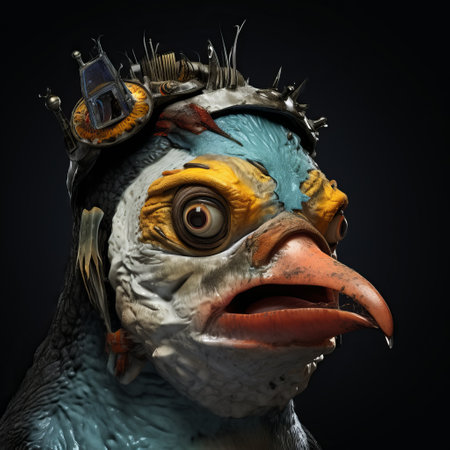 the black penguin head, created in the style of zbrush, features a unique crown. this post-apocalyptic-inspired artwork showcases vivid birdlife and inventive character designs by sopheap pich. with photorealistic accuracy, the dark teal and amber tones add depth to this captivating image. ai generatedの素材