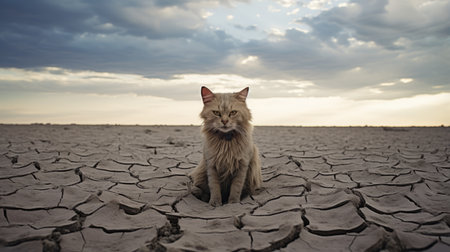 a cat sitting in a dried field, gazing at the cloudy sky. this photo captures the essence of cracked landscapes and raw emotions, reminiscent of the styles of scarlett hooft graafland and marcin sobas. with a touch of environmental awareness, the image evokes a sense of soggy surroundings, as seen in the works of sacha goldberger. ai generatedの素材