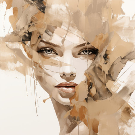 a stunning portrait of a woman painted with oil in a dark beige and beige style. this fashion illustration features boldly fragmented elements, elegant and emotive faces, and nature-inspired abstractions. the highly detailed and ultra-high-definition image showcases the artist's skill and creativity. ai generatedの素材
