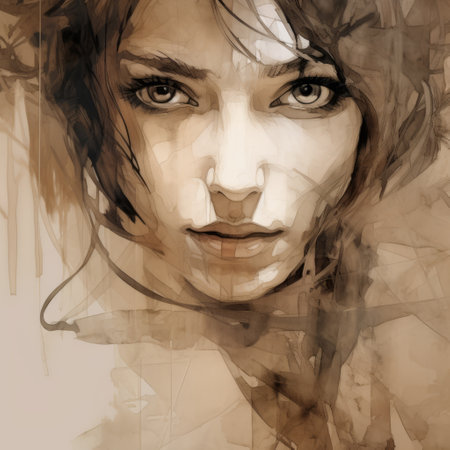 a watercolour painting of a woman's face by anastacia, showcasing an aggressive digital illustration style. the sepia tone adds depth to this ultra-high-definition image. the artwork is truly captivating, featuring multi-layered figures and concept art elements. the composition is inspired by geometry, resulting in a visually stunning piece. ai generatedの素材