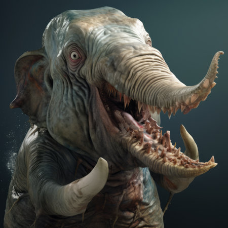 a 3d digital art illustration of an elephant, created in the style of unreal engine rendering. this unique piece showcases grotesque characters and features intricate underwater worlds. the elephant's dynamic and exaggerated facial expressions add a touch of otherworldly grotesquery, while the realistic hyper-detail brings the illustration to life. ai generatedの素材